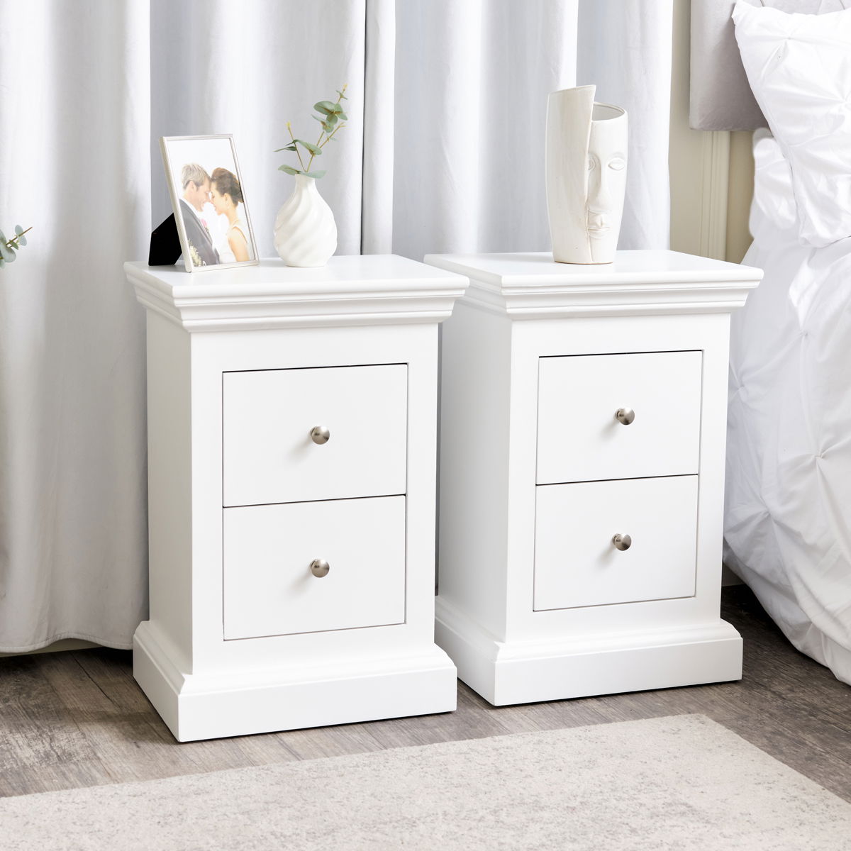 Pair Of White 2 Drawer Bedside Tables Slimline Haxey White Range