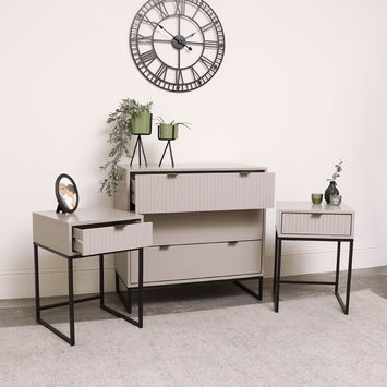 3 Drawer Chest of Drawers and Pair of Bedside Tables - Hesley Taupe Stone Range