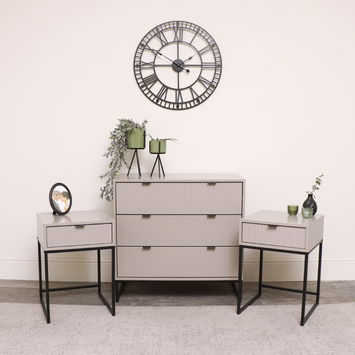 3 Drawer Chest of Drawers and Pair of Bedside Tables - Hesley Taupe Stone Range