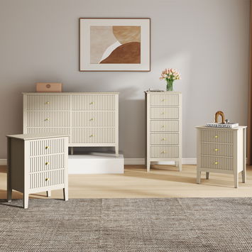 3 Drawer Chest of Drawers, Tall 5 Drawer Bedside Table and Pair of 3 Drawer Bedside Tables - Hales Taupe Range