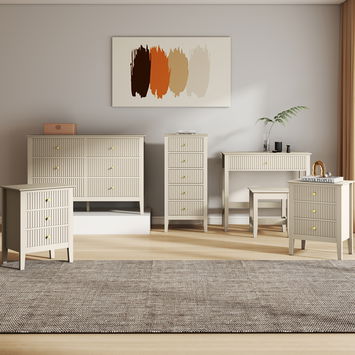 3 Drawer Chest of Drawers, Tall 5 Drawer Bedside Table, Pair of 3 Drawer Bedside Tables and Dressing Table Set - Hales Taupe Range