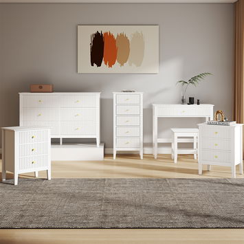 3 Drawer Chest of Drawers, Tall 5 Drawer Bedside Table, Pair of 3 Drawer Bedside Tables and Dressing Table Set - Hales White Range