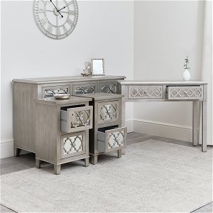 7 Drawer Mirrored Lattice Chest of Drawers, Console Table & Pair of Bedsides - Sabrina Silver Range