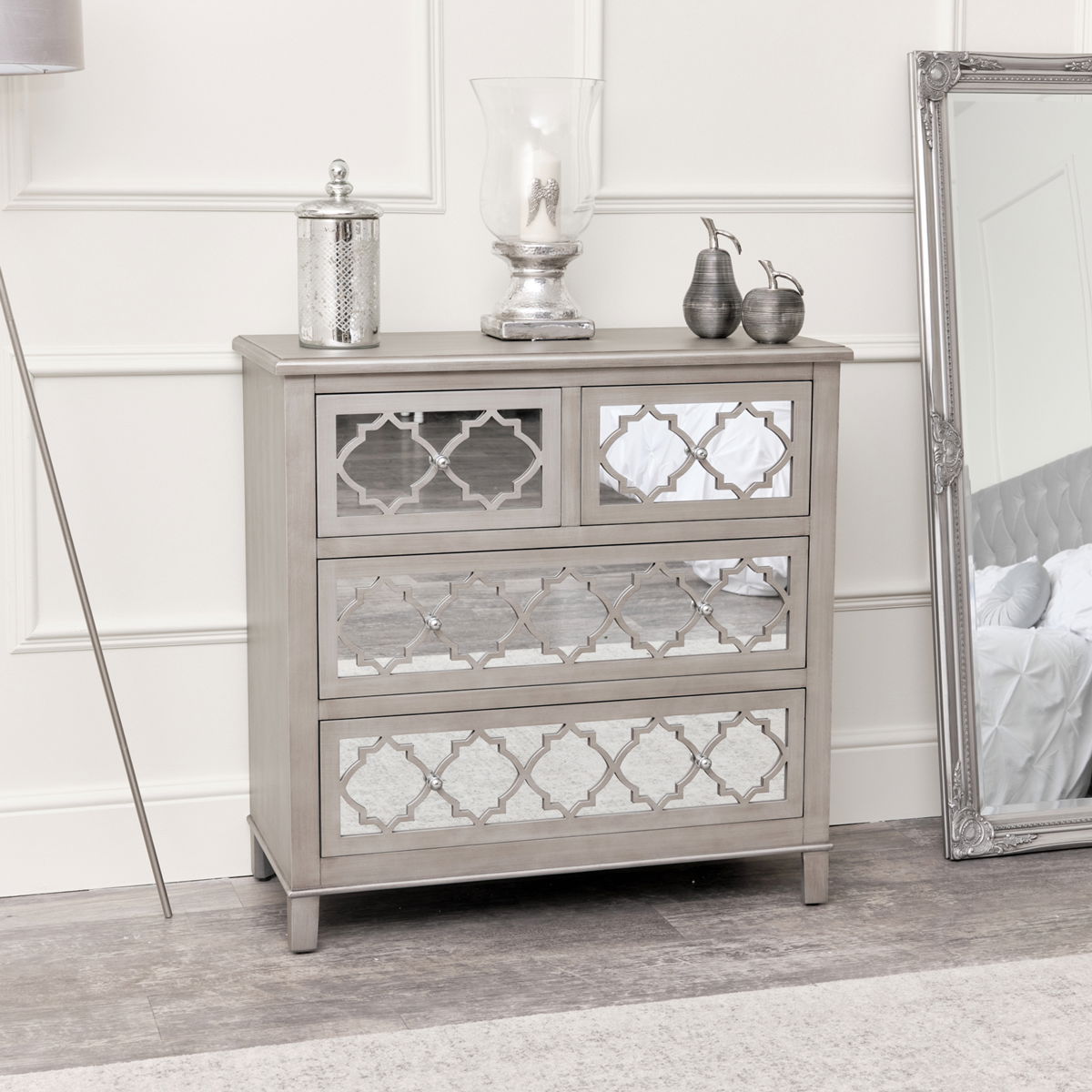 7 Drawer Mirrored Lattice Chest of Drawers, Console Table & Pair of