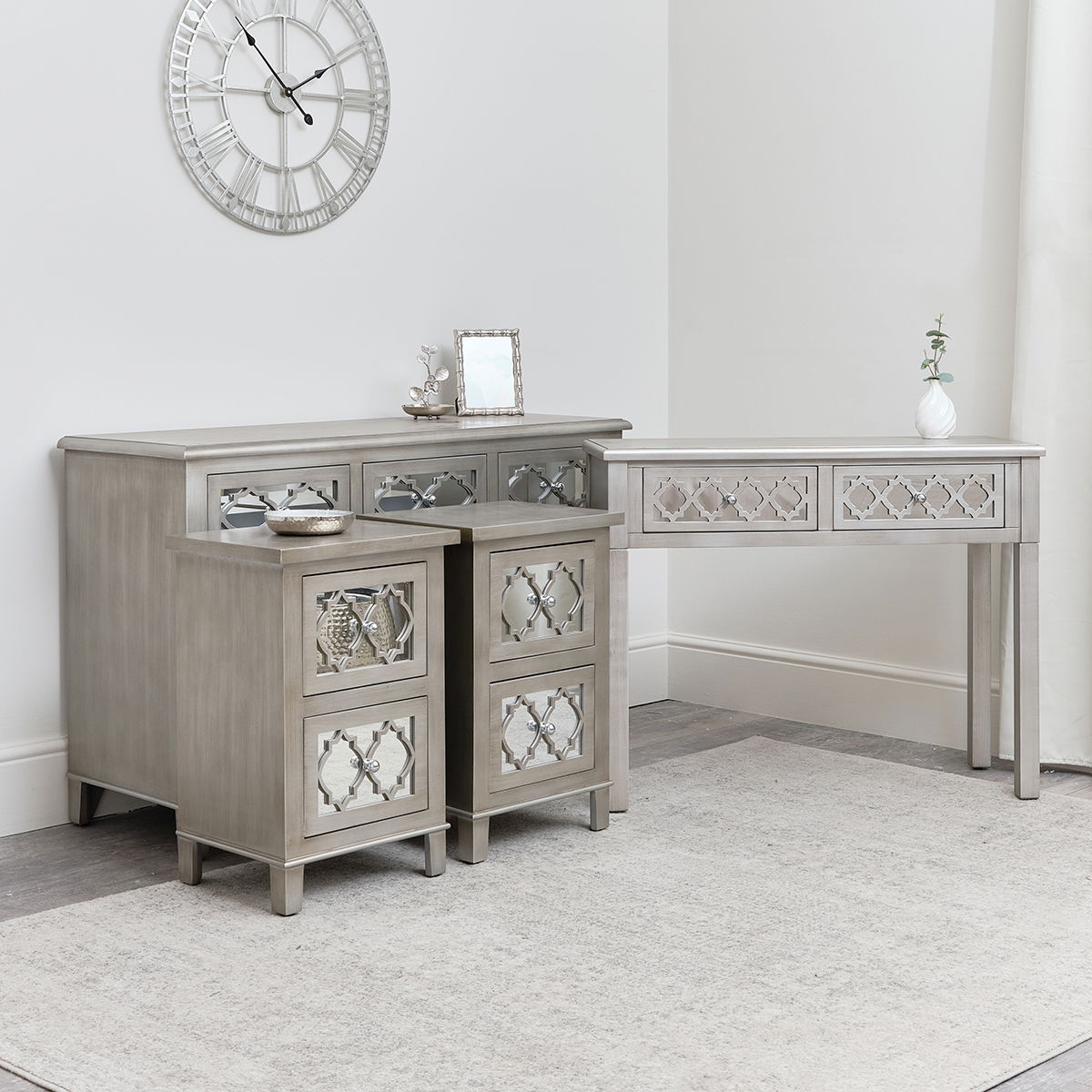 7 Drawer Mirrored Lattice Chest of Drawers, Console Table & Pair of