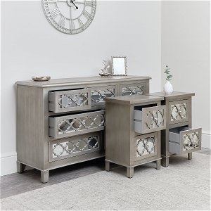 7 Drawer Mirrored Lattice Chest of Drawers & Pair of 2 Drawer Bedsides - Sabrina Silver Range
