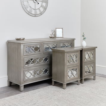 7 Drawer Chest of Drawers & Pair of 2 Drawer Bedsides - Sabrina Silver Range