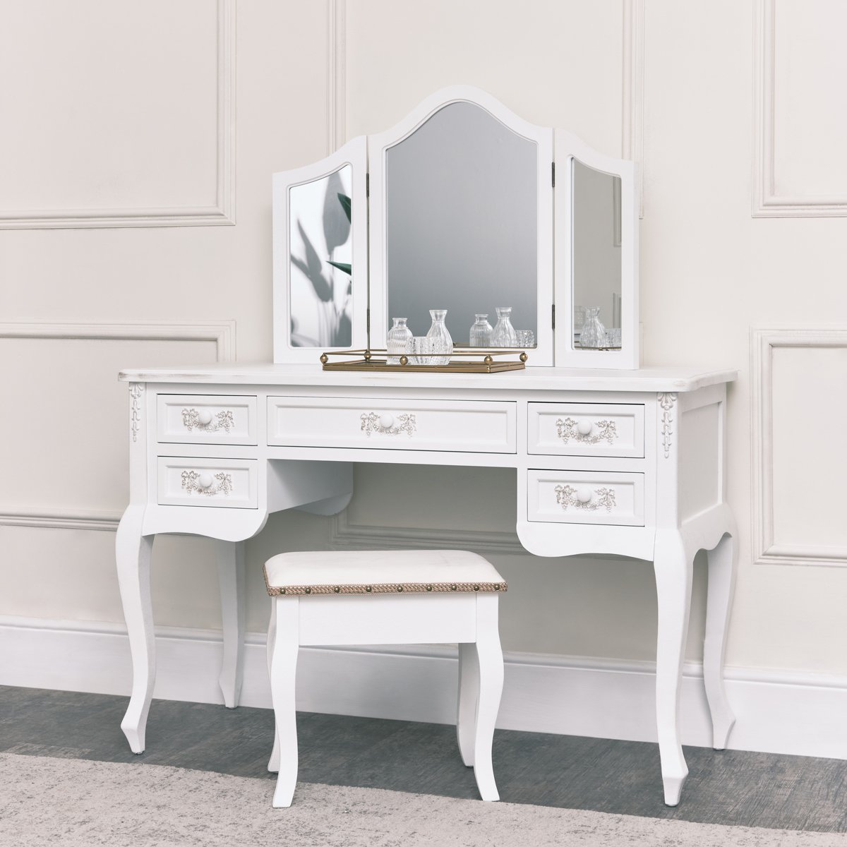 Antique White Closet, Dressing Table Set, Chest of Drawers & Pair of Bedside Tables - Pays Blanc Range