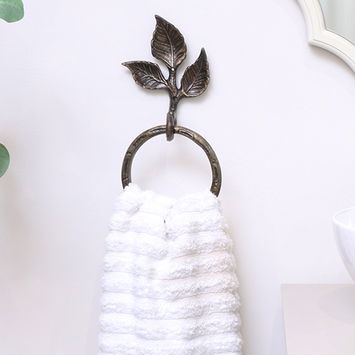 Antique Brass Leaf Detail Textured Towel Ring Holder