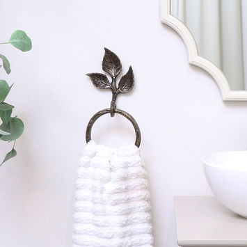 Antique Brass Leaf Detail Textured Towel Ring Holder