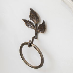 Antique Brass Leaf Detail Textured Towel Ring Holder