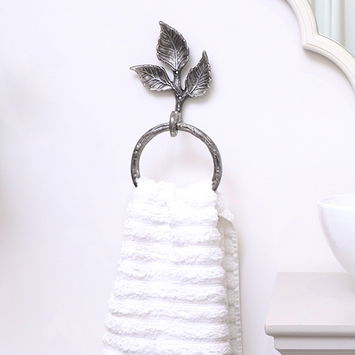 Antique Silver Leaf Detail Textured Towel Ring Holder