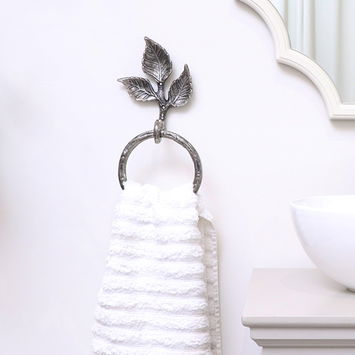 Antique Silver Leaf Detail Textured Towel Ring Holder