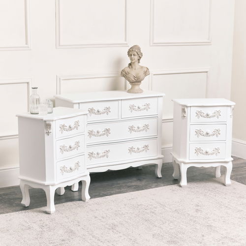 Antique White 4 Drawer Chest of Drawer & Pair of 3 Drawer Bedside Tables - Pays Blanc Range 