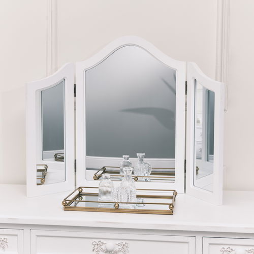 Antique White Dressing Table Desk with Triple Mirror and Stool - Pays Blanc Range