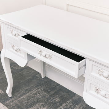 Antique White Dressing Table Desk with Triple Mirror and Stool