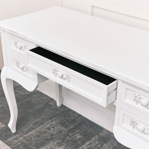 Antique White Dressing Table Desk with Triple Mirror and Stool - Pays Blanc Range