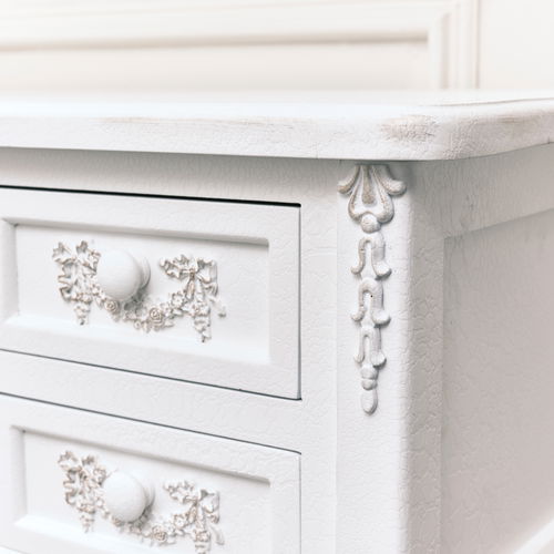 Antique White Dressing Table Desk with Triple Mirror and Stool - Pays Blanc Range