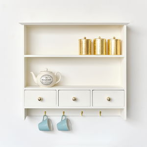 Large Ivory Wall Shelf Unit with Drawer Storage and Hooks