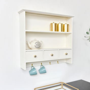 Large Ivory Wall Shelf Unit with Drawer Storage and Hooks