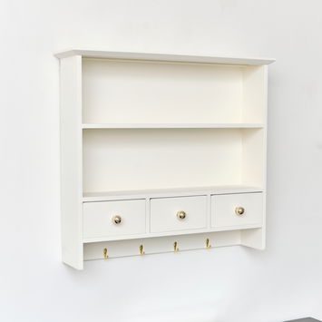 Large Ivory Wall Shelf Unit with Drawer Storage and Hooks
