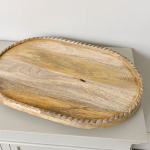 Large Oval Mango Wood Detailed Tray - 52cm