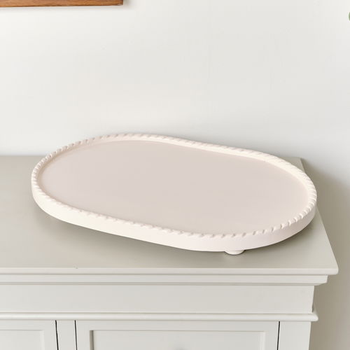 Large Oval Pink Painted Wooden Detailed Tray - 52cm