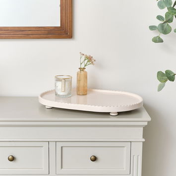 Large Oval Pink Painted Wooden Detailed Tray - 52cm