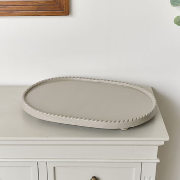 Large Oval Taupe Painted Wooden Detailed Tray - 52cm