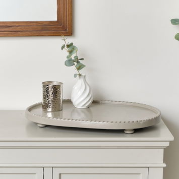 Large Oval Taupe Painted Wooden Detailed Tray - 52cm