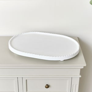 Large Oval White Painted Wooden Detailed Tray - 52cm