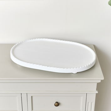 Large Oval White Painted Wooden Detailed Tray - 52cm
