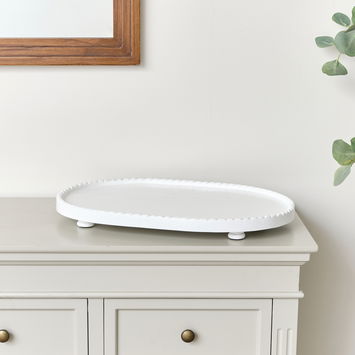 Large Oval White Painted Wooden Detailed Tray - 52cm