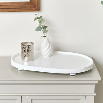 Large Oval White Painted Wooden Detailed Tray - 52cm