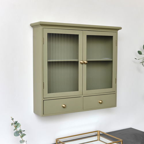 Olive Green Reeded Glass Wall Cabinet with Drawers