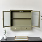 Olive Green Reeded Glass Wall Cabinet with Drawers