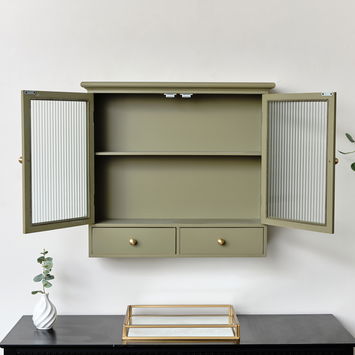 Olive Green Reeded Glass Wall Cabinet with Drawers