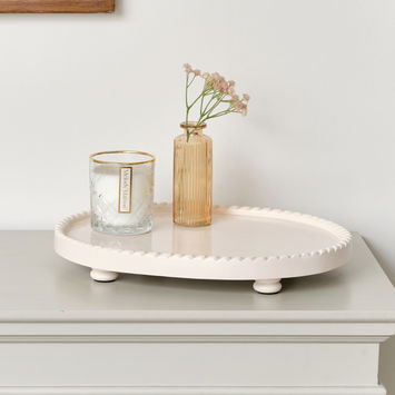 Oval Pink Painted Wooden Detailed Tray - 38cm