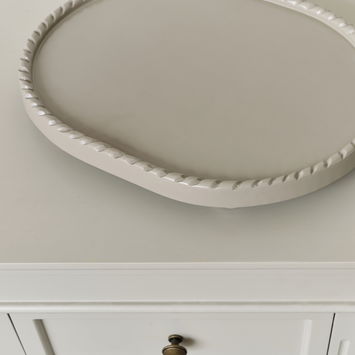 Oval Taupe Painted Wooden Detailed Tray - 38cm