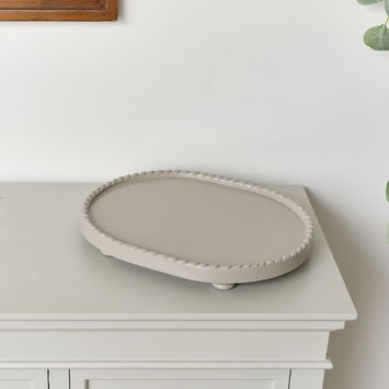 Oval Taupe Painted Wooden Detailed Tray - 38cm