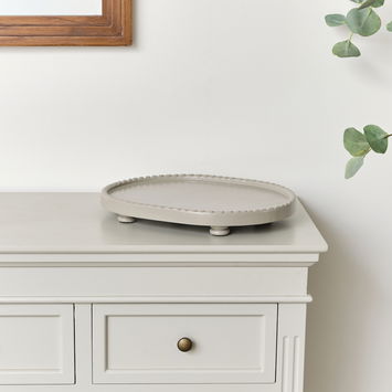 Oval Taupe Painted Wooden Detailed Tray - 38cm