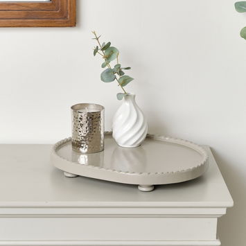 Oval Taupe Painted Wooden Detailed Tray - 38cm