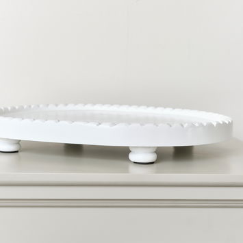 Oval White Painted Wooden Detailed Tray - 38cm