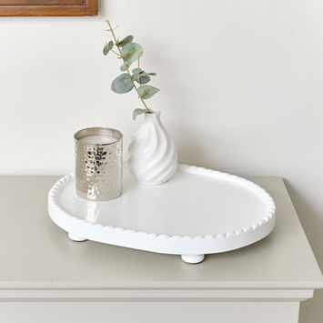 Oval White Painted Wooden Detailed Tray - 38cm