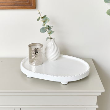 Oval White Painted Wooden Detailed Tray - 38cm
