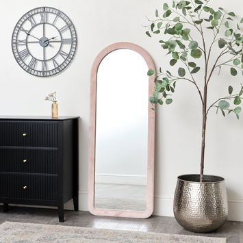 Tall Baby Pink Velvet Arched Frame Wall Mirror 54cm x 142cm 