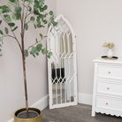 Arched White Distressed Chapel Fretwork Garden Mirror - 47cm x 142cm