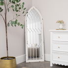 Arched White Distressed Chapel Fretwork Garden Mirror - 47cm x 142cm