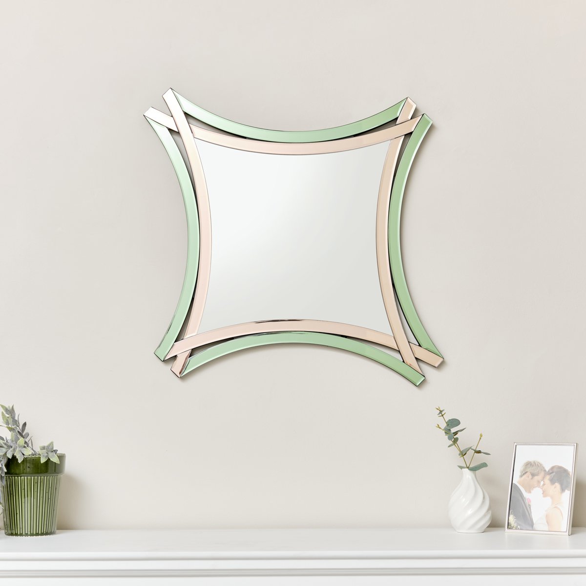 Art Deco Green & Pink Glass Cross Over Wall Mirror 80cm x 75cm