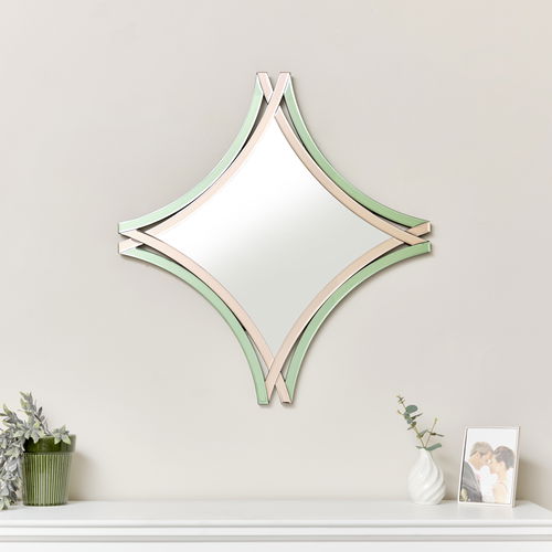 Art Deco Green & Pink Glass Cross Over Wall Mirror 80cm x 75cm